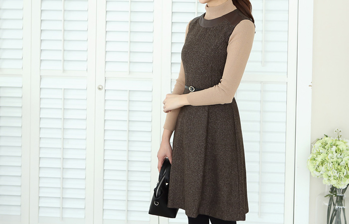 皮革人字波浪群/喇叭裙连衣裙