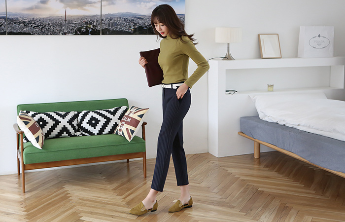 细条纹修身9份宽松长裤