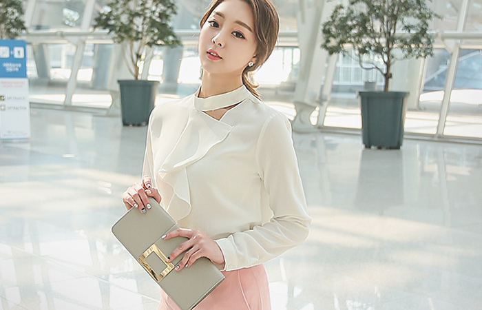 项圈颈部皱褶teuim女衬衫