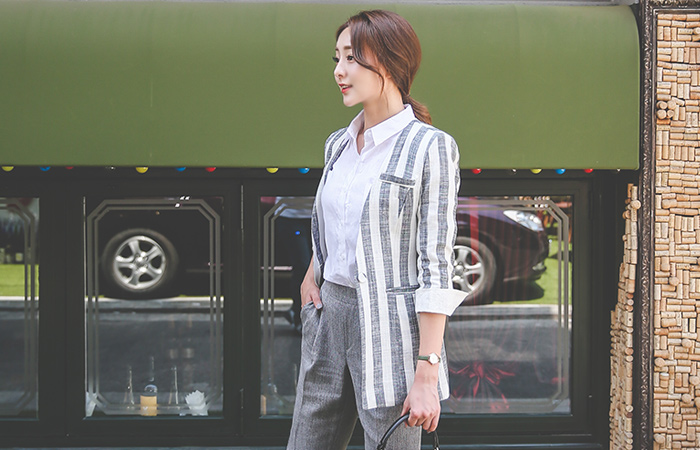 条纹亚麻短上衣外套