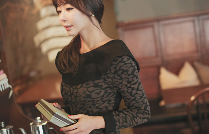 豹纹荷叶边领连衣裙