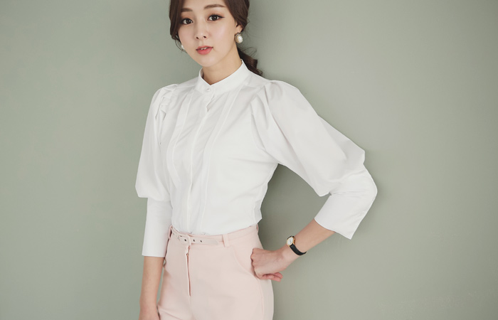 针抱膝蓬蓬裙立领女衬衫