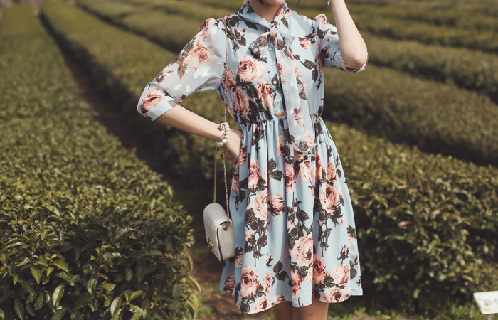 玫瑰丝带领带真丝连衣裙