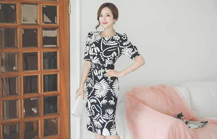 双色花亚麻修身连衣裙