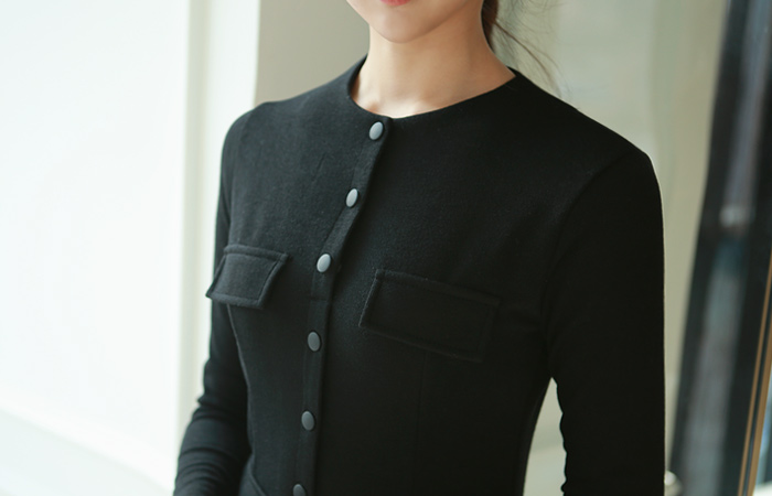 按钮棉弹力迷你连衣裙