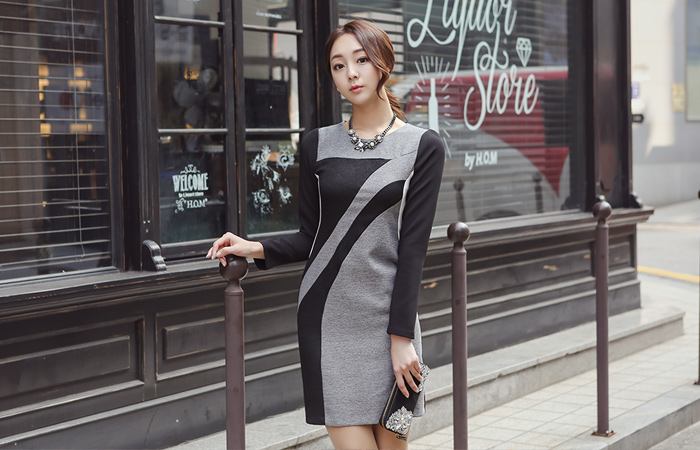 珍珠对角线配色连衣裙