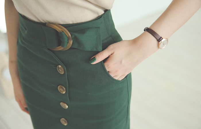 劳伦按钮棉弹力裙子