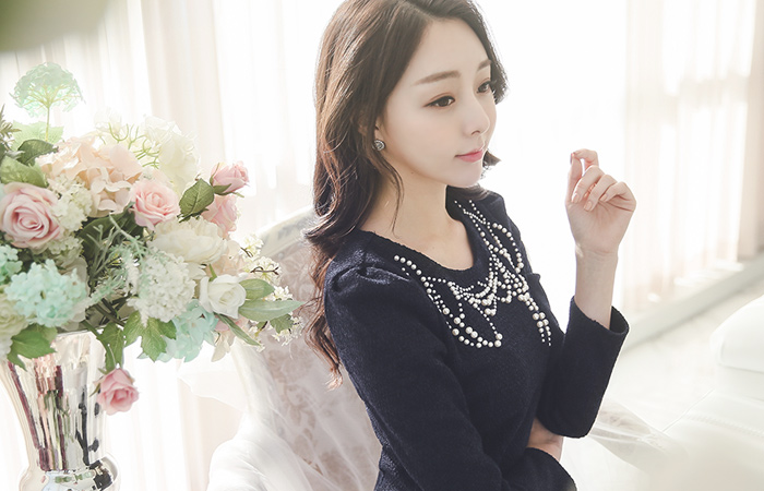 吊灯珍珠波浪群/喇叭裙连衣裙