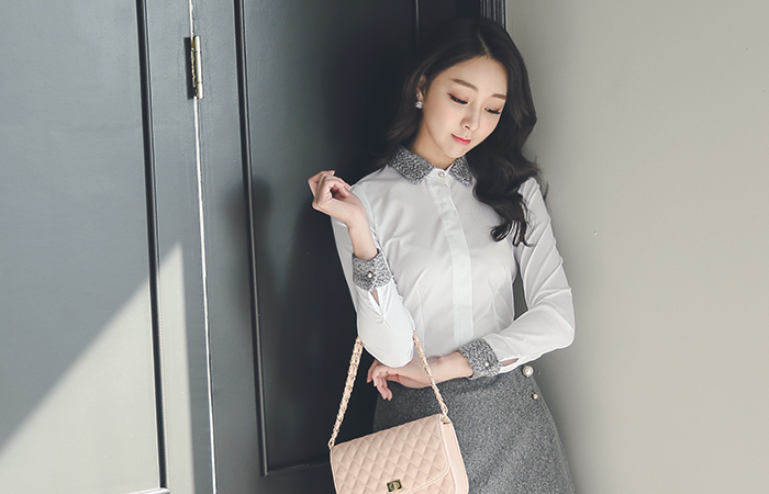 粗呢配色棉弹力女衬衫