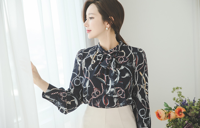 绳印刷rolnek女衬衫（可拆卸色带）