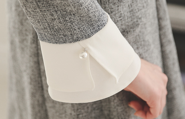 女人珍珠袖口波浪群/喇叭裙连衣裙