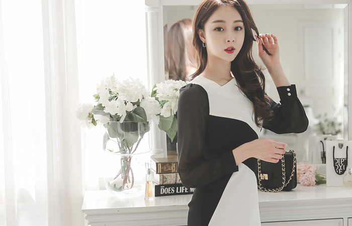 马里恩广场领配色连衣裙