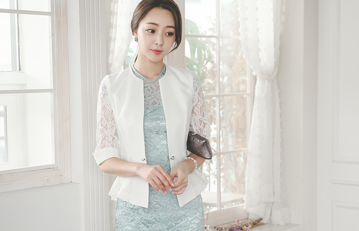 奢华裙套筒珍珠按钮蕾丝外套