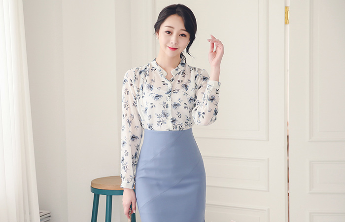 色调上音雪纺皱花女衬衫