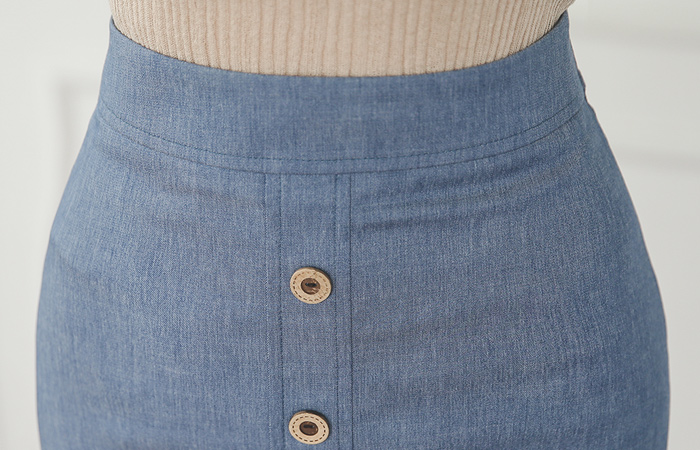 凉爽牛仔狭缝按钮裙子