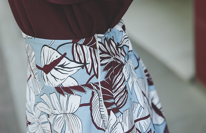 美术笔肋状花纹亚麻波浪群/喇叭裙裙子