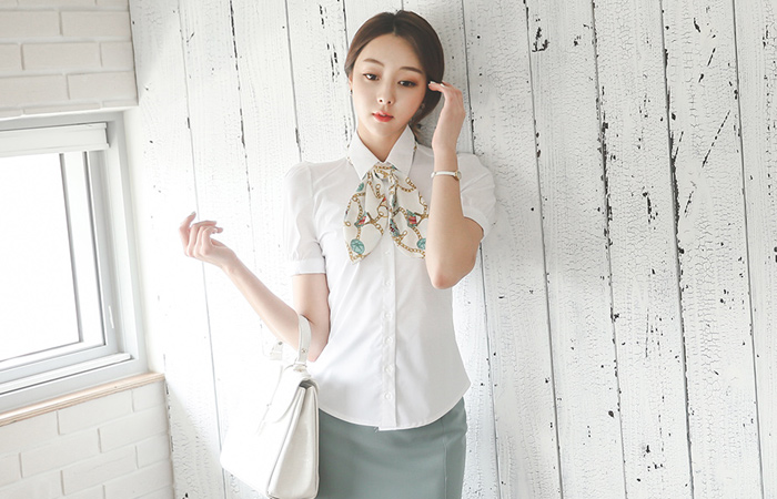 链条围巾棉弹力女衬衫