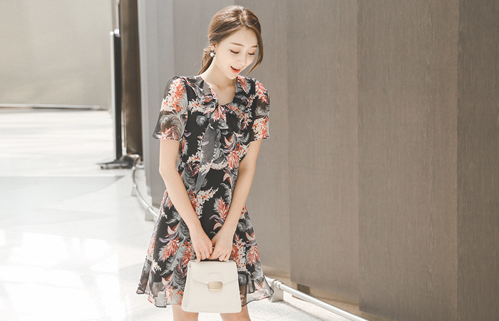 棕榈树夜雪纺波浪群/喇叭裙连衣裙