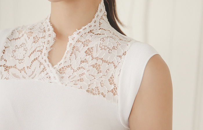 立领透明蕾丝针织衫