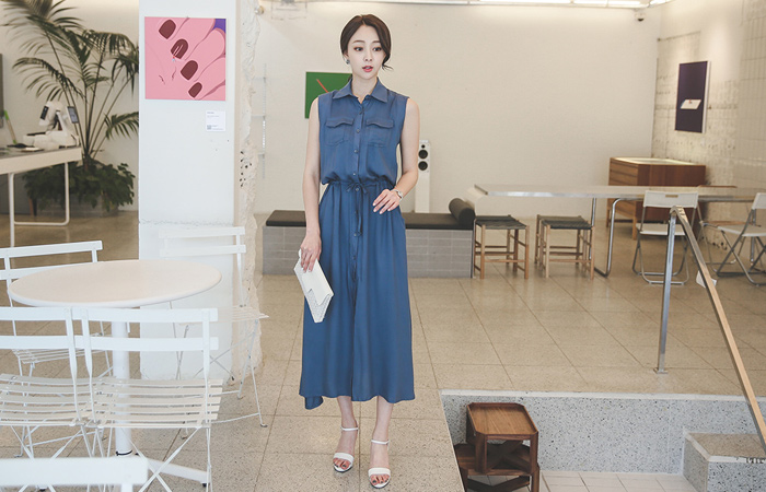 易口袋衬衫长款连衣裙