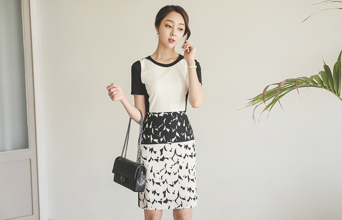 叶子对比连衣裙