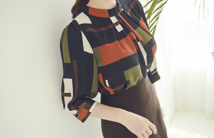 英国图案一半脖子女衬衫