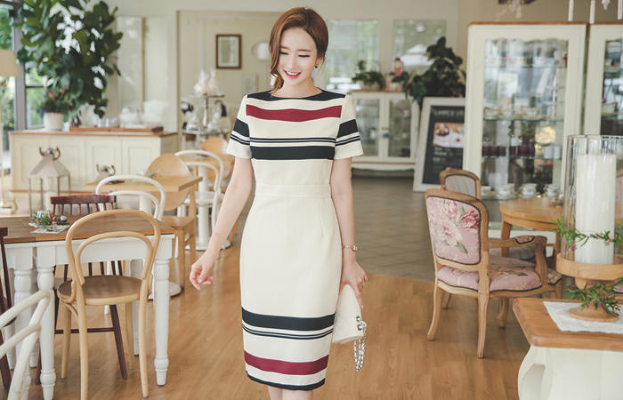 艺术配色提花连衣裙迷笛