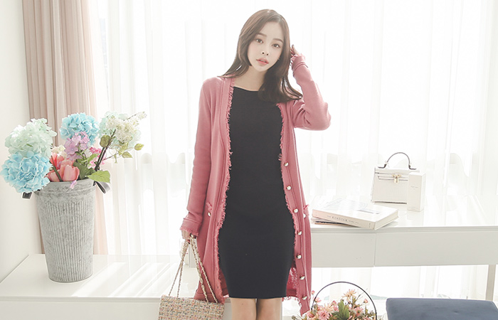 可可珍珠按钮条纹长款开衫