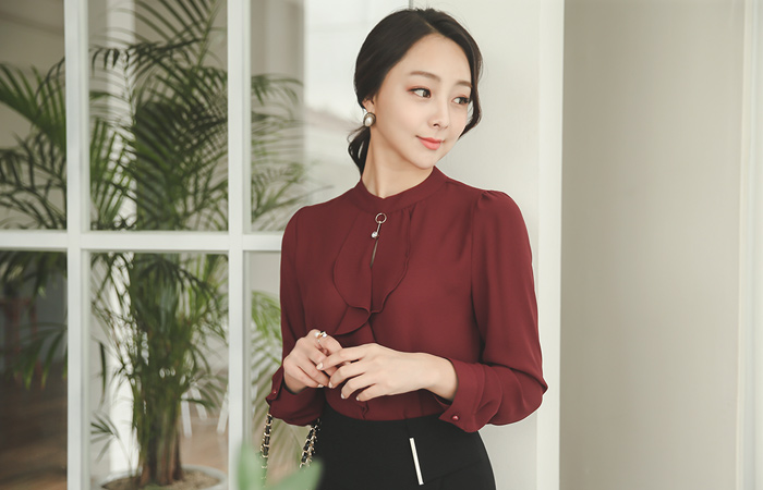 金滴缝荷叶边女衬衫