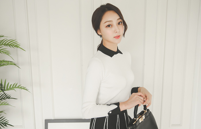 可可平领配色针织衫