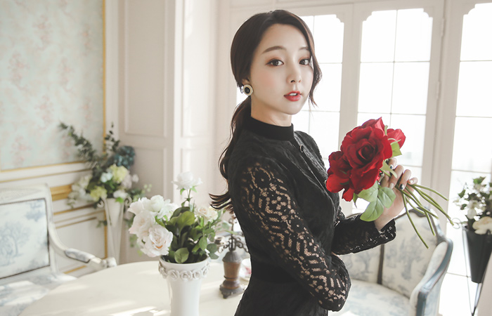 富贵绒按钮线蕾丝连衣裙