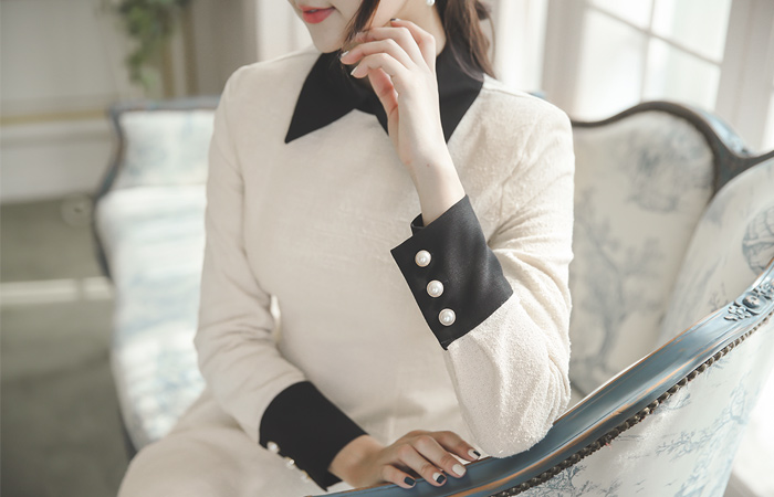 复古/古典颜色方案粗呢连衣裙