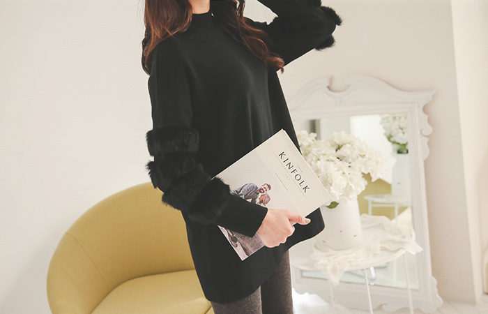 真正的兔毛花边的半极性长款针织衫