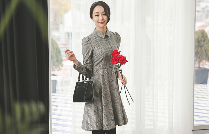 格伦检查毛衫波浪群/喇叭裙连衣裙