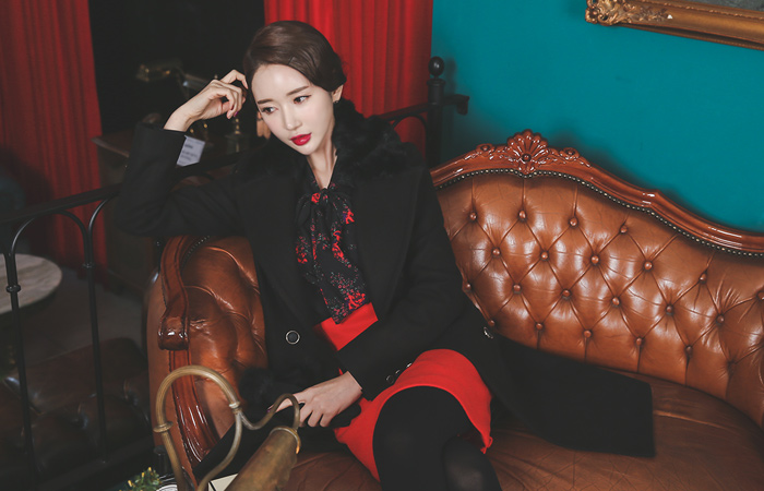 兔毛领羊毛大衣修身双