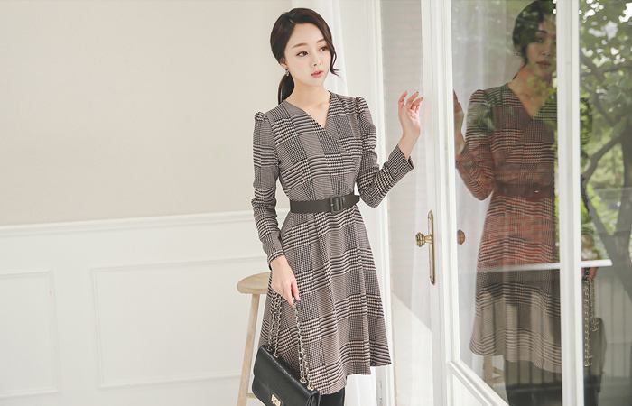 猎犬牙腰带波浪群/喇叭裙连衣裙