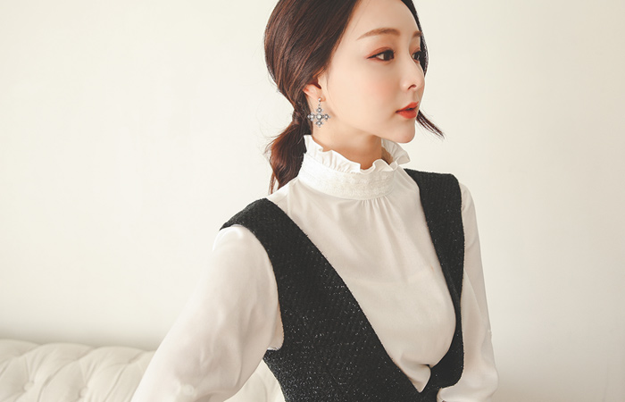 金属吊杆珍珠粗呢连衣裙