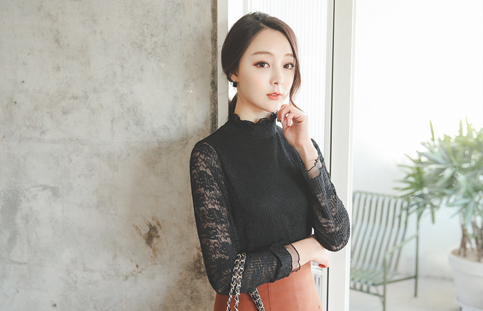 双荷叶边领蕾丝女衬衫