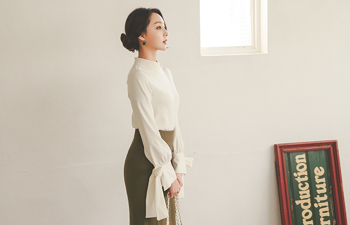 丝带袖扣柔丝半个脖子女衬衫