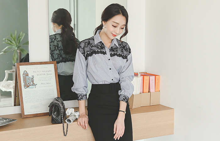 黑蕾丝条纹衬衫