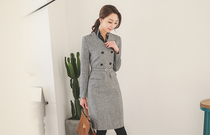 人字双排扣连衣裙