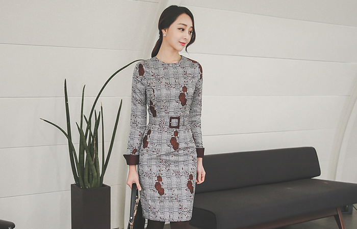 格伦检查花刺绣连衣裙