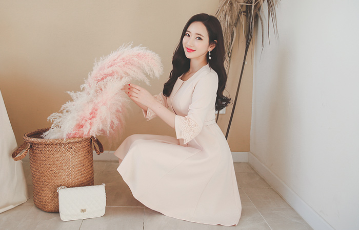 蕾丝袖带波浪群/喇叭裙连衣裙