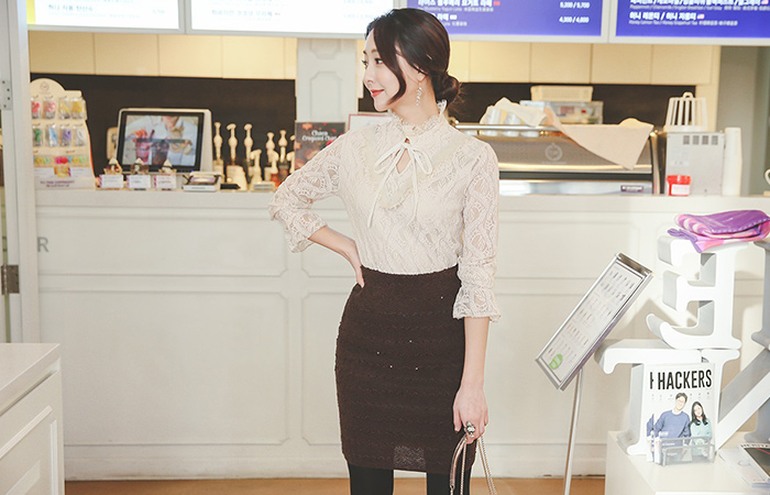 丝带领带兔毛蕾丝女衬衫