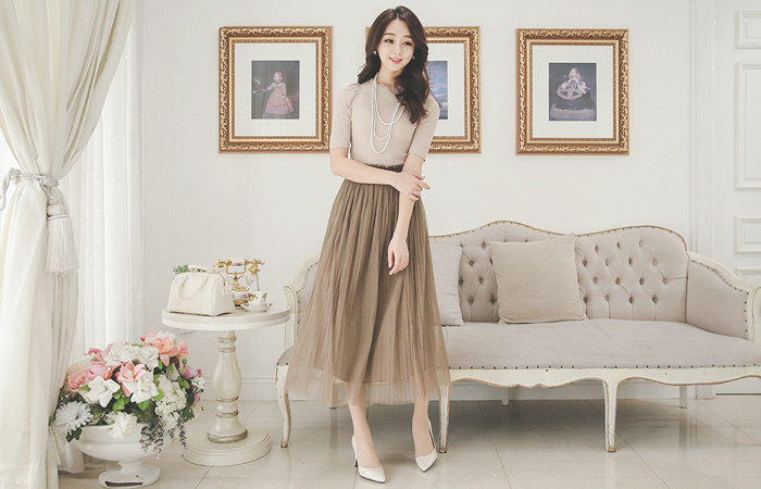 褶饰5肩袖圆领针织衫