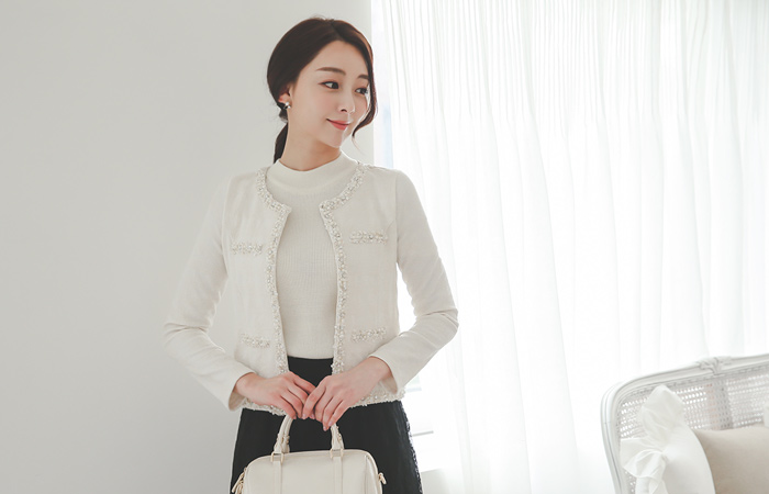 珠串花边开衫外套