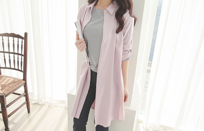 粉棉长衬衫连衣裙