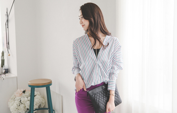 颜色纹纹Yang V衬衫