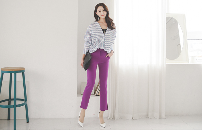 超紫色鞋形裤宽松长裤