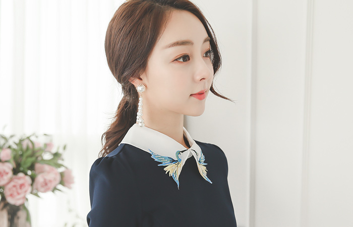 鸟图案领连衣裙